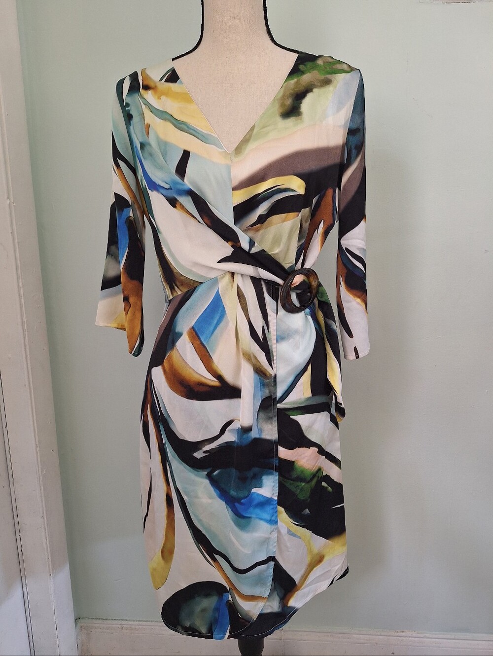 Paz Torras Abstract Watercolor Print Wrap Dress with Ring Detail Multicolor 38 6